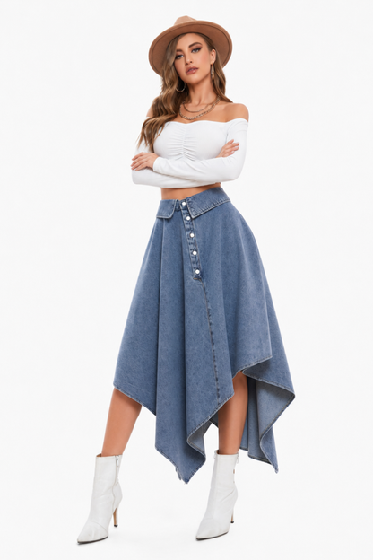 Women's High Waist Button Front Denim Skirt