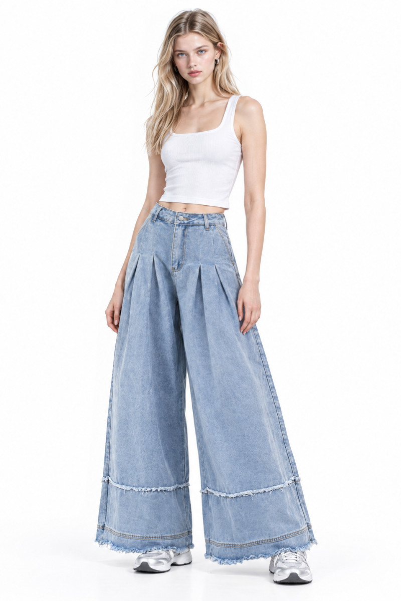 Women's High Waist Pleated Wide Leg Jeans