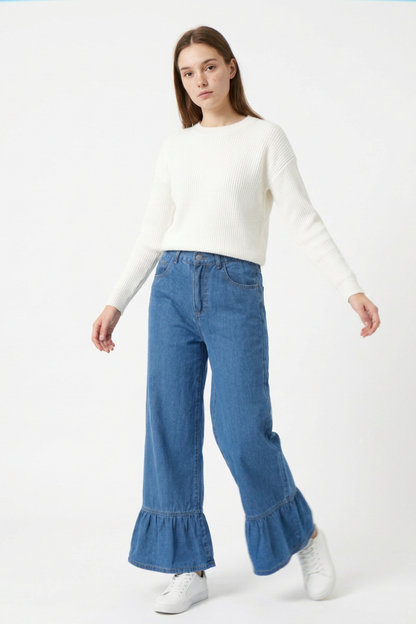 Women's High Waist Ruffle Hem Wide Leg Jeans