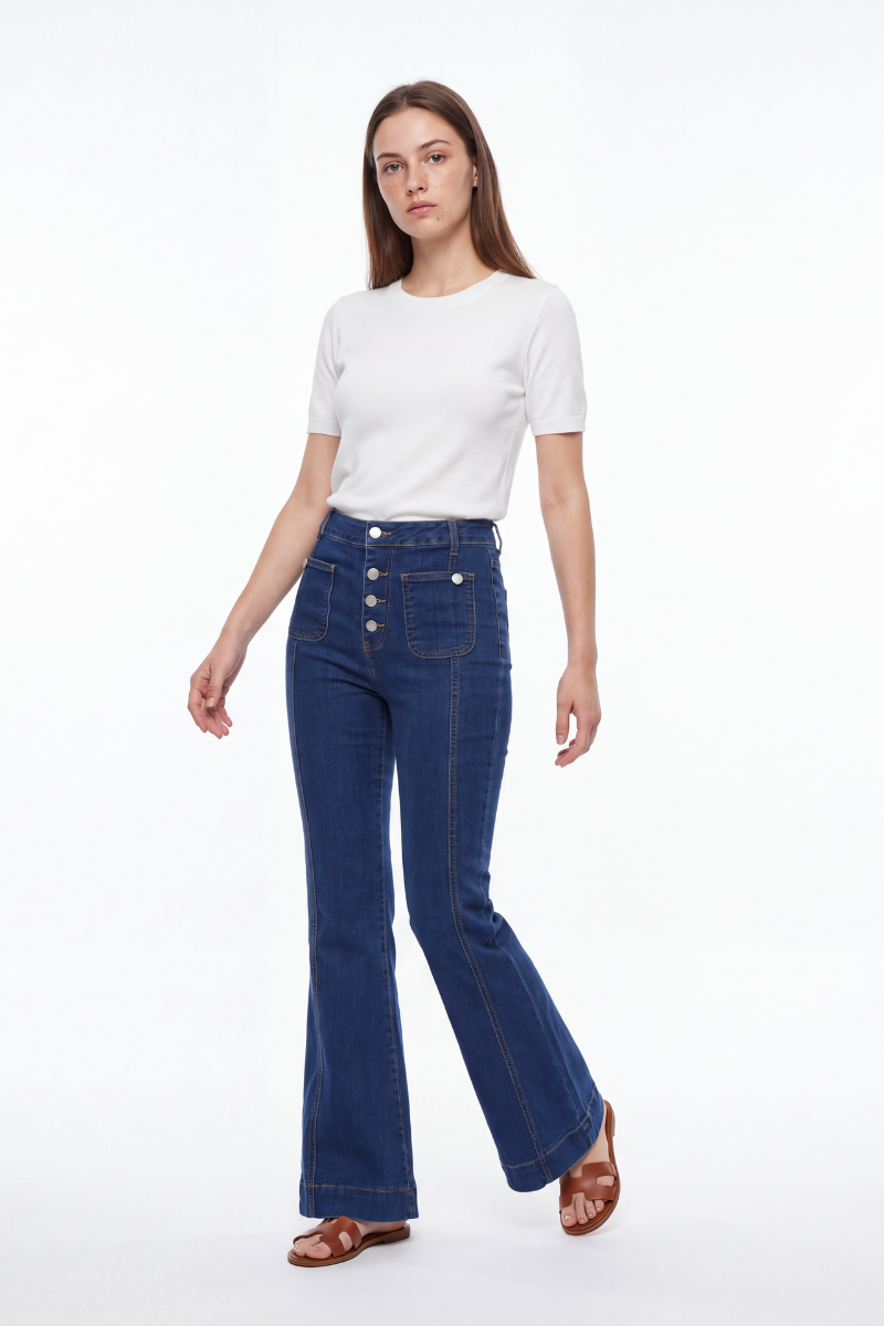 Women's High Waist Button Fly Stretch Flare Jeans