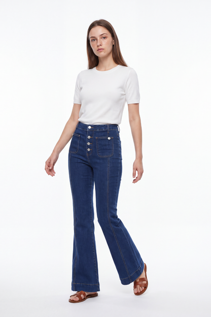 Women's High Waist Button Fly Stretch Flare Jeans