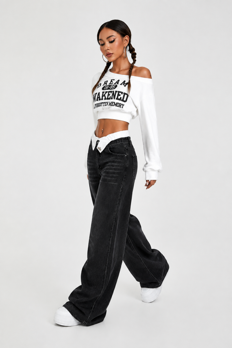 Women's double-waistband loose wide-leg jeans