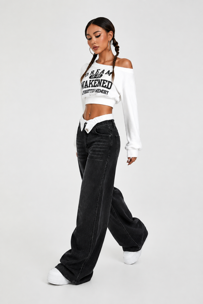 Women's double-waistband loose wide-leg jeans
