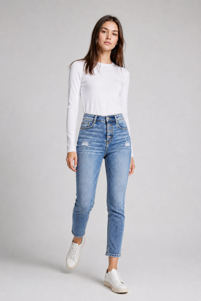 Women's High Waist Button Stretch Skinny Jeans