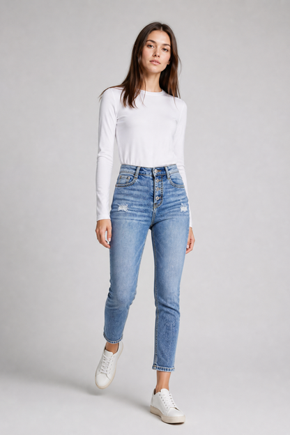 Women's High Waist Button Stretch Skinny Jeans