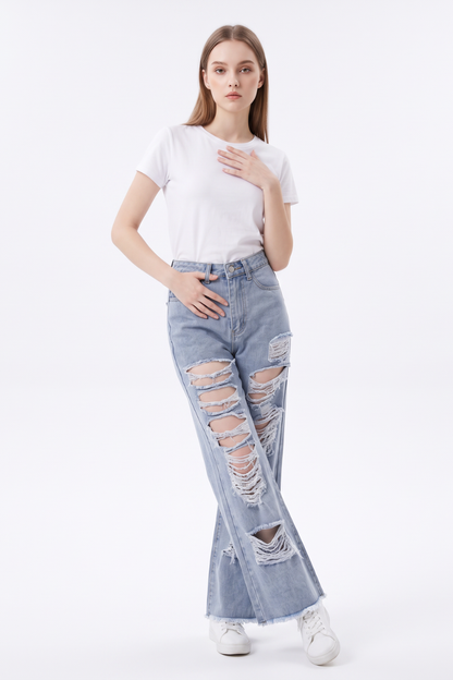 Women's High Waist Distressed Wide Leg Jeans