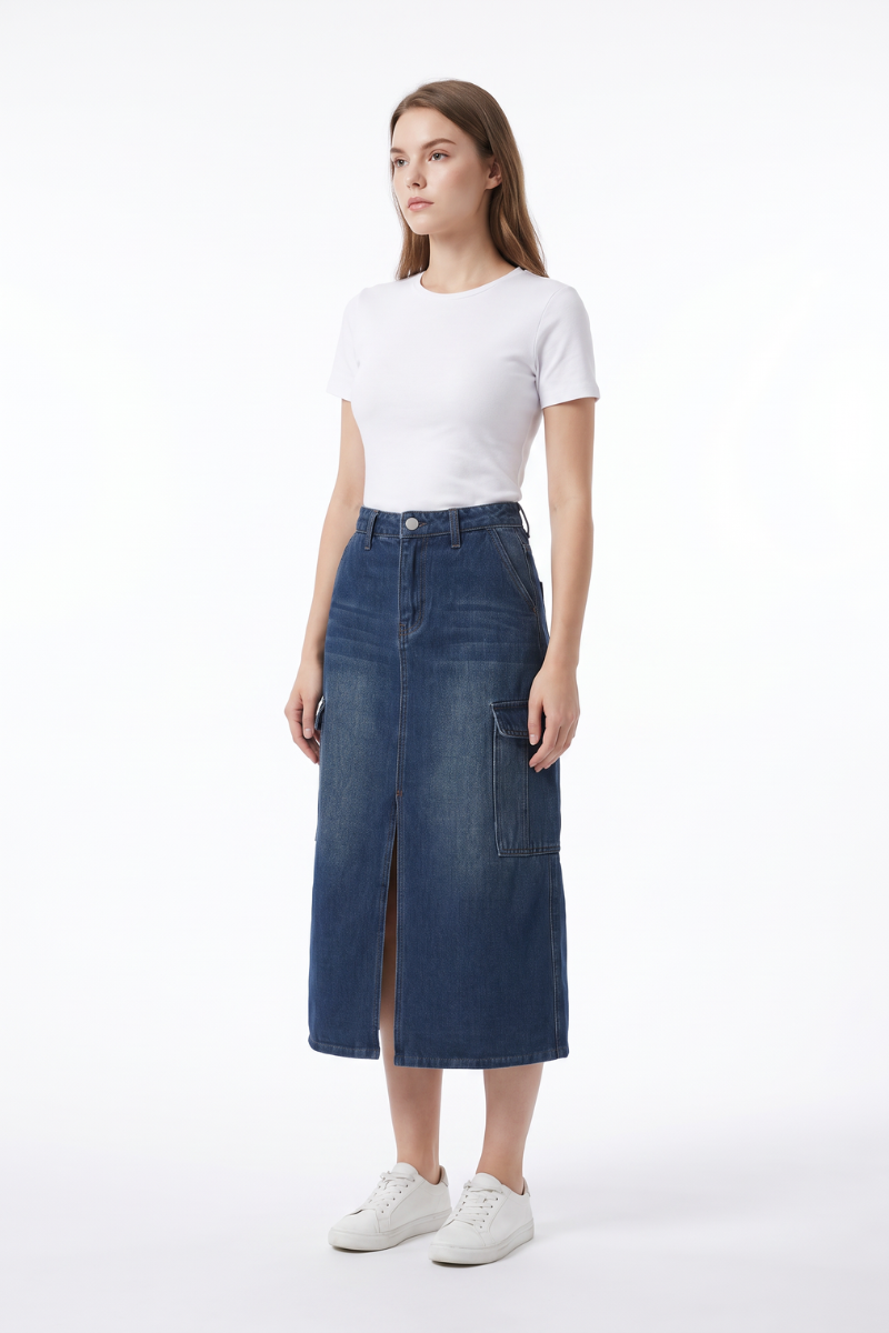 Women's High Waist Front Slit Denim Midi Skirt