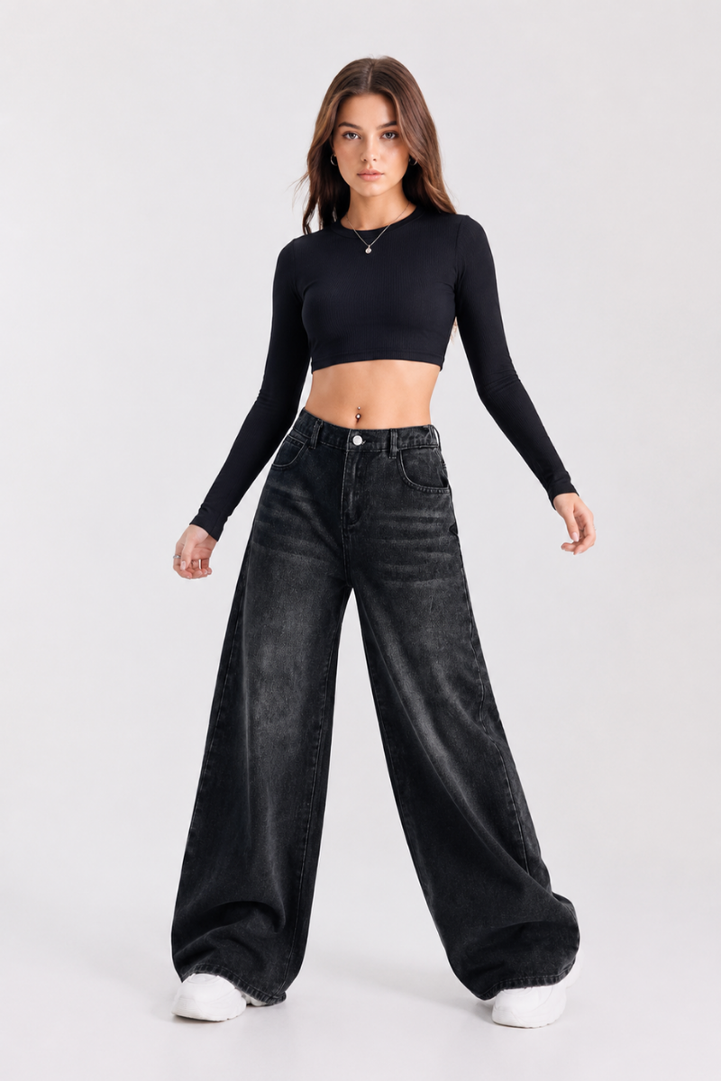 Women's high-rise wide-leg jeans with a half-elastic waist