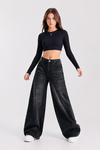 Women's high-rise wide-leg jeans with a half-elastic waist