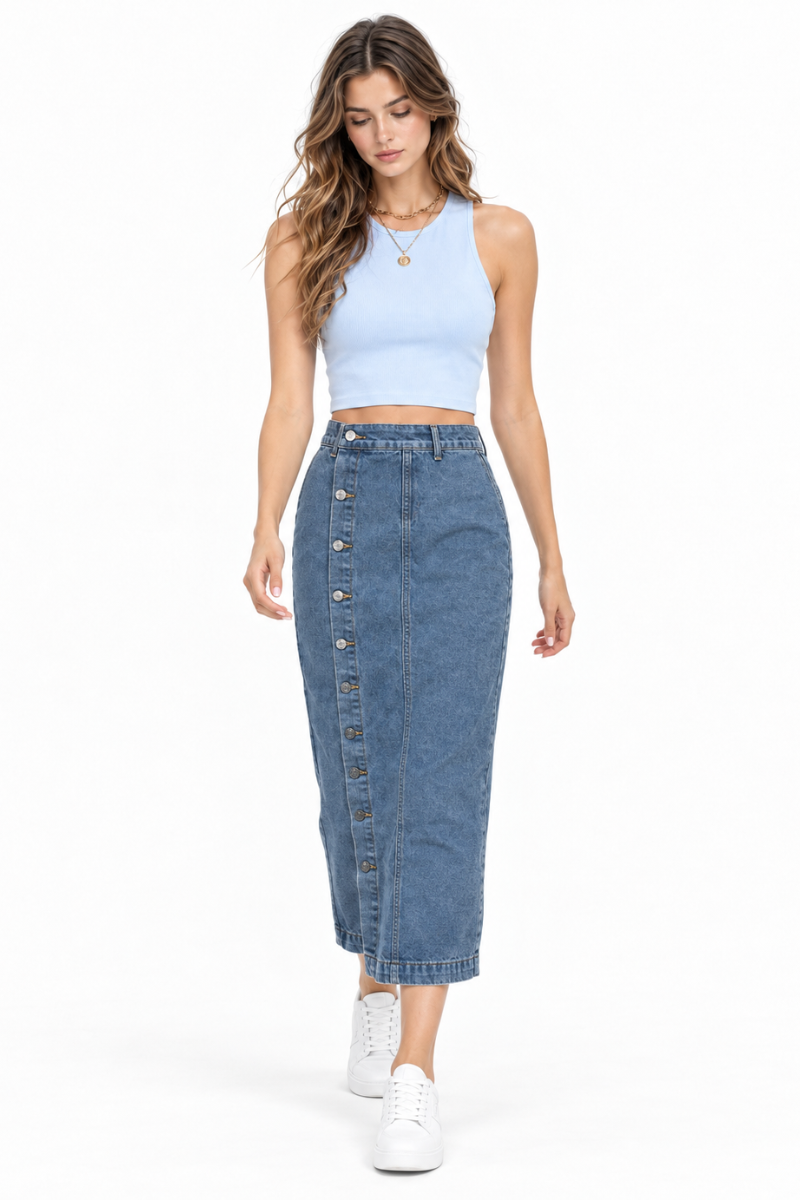 Women's High Waist Side Button Denim Midi Skirt