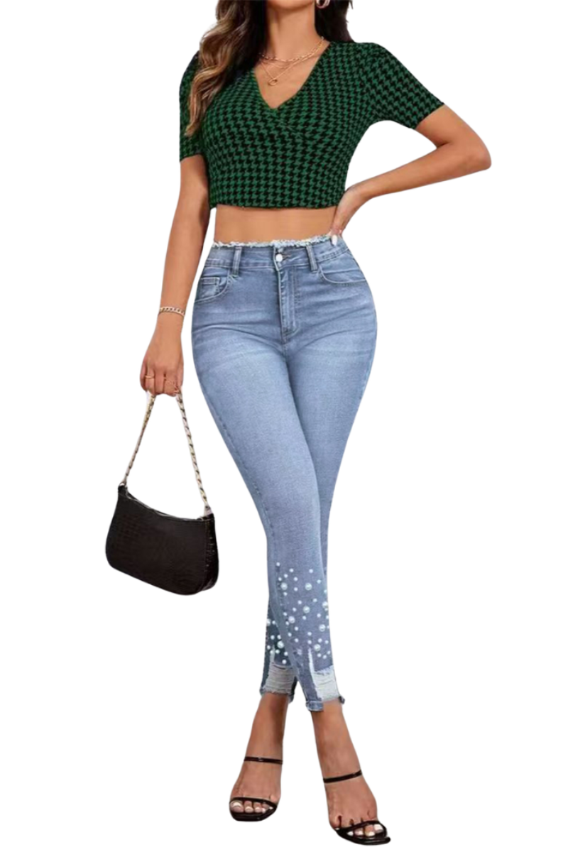 Women's High Waisted Pearl Embellished Skinny Jeans