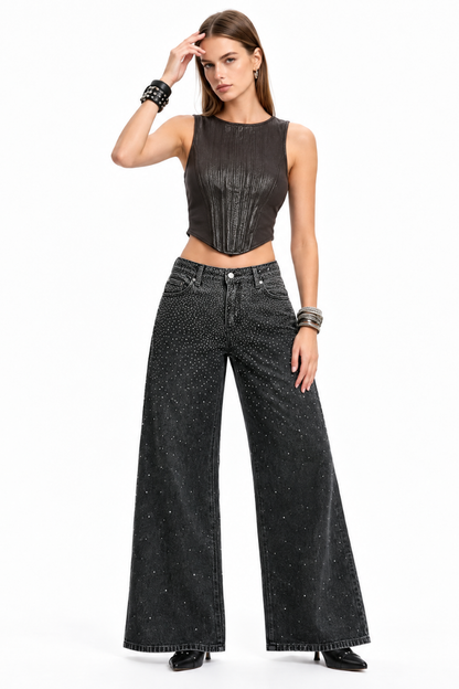 Women's Vintage Washed High Waist Rhinestone Wide Leg Jeans