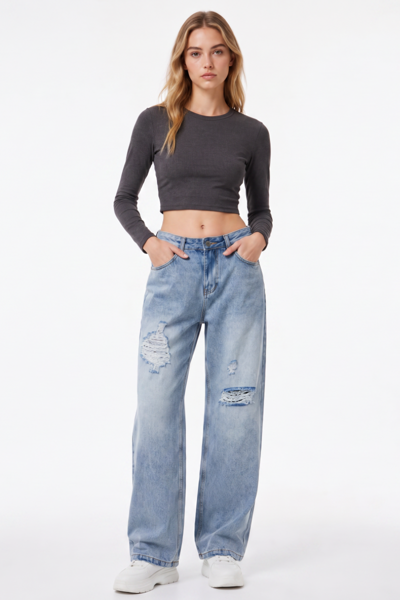 Women's High Waist Ripped Straight Leg Jeans