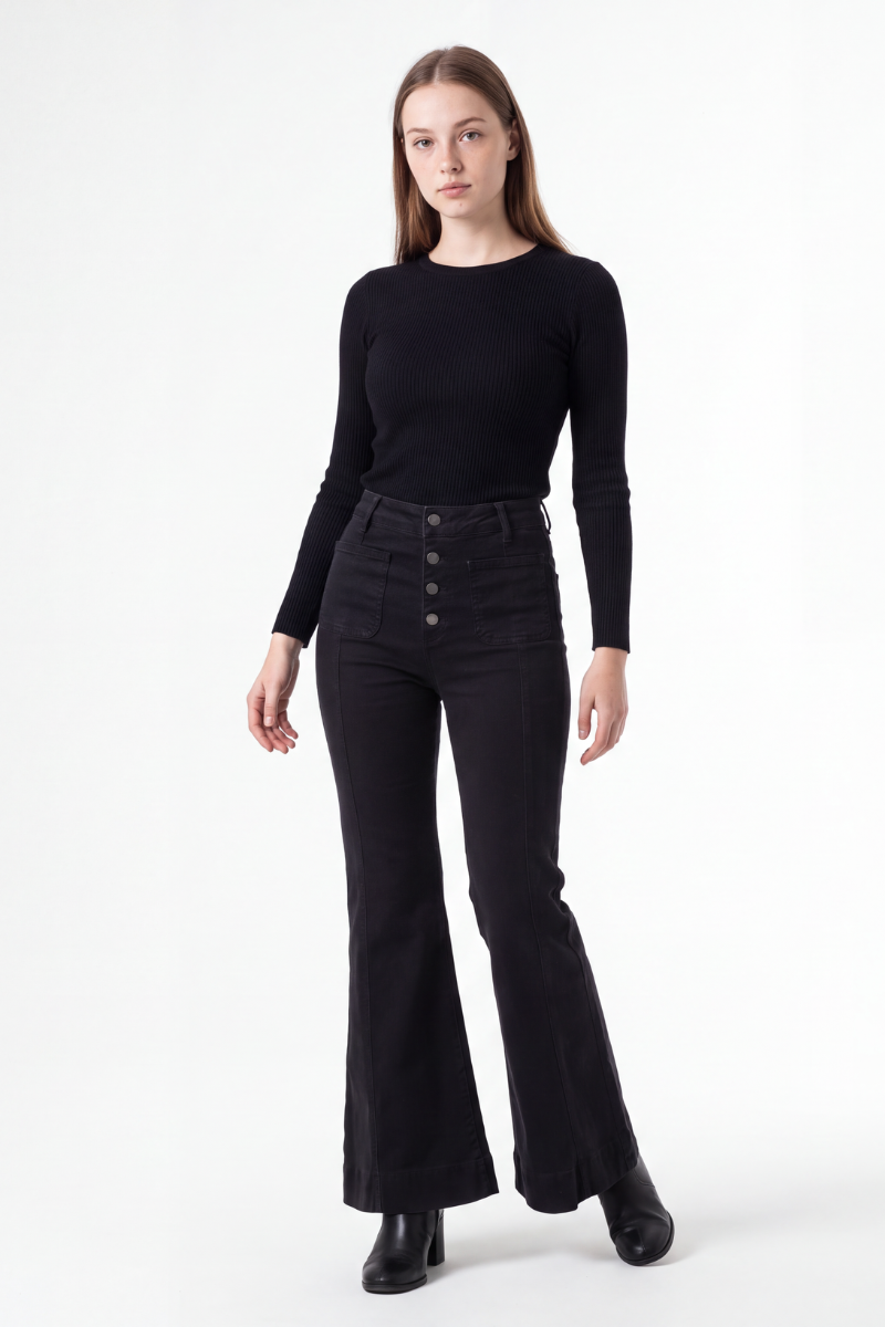 Women's Black High Waist Button Fly Stretch Flare Jeans