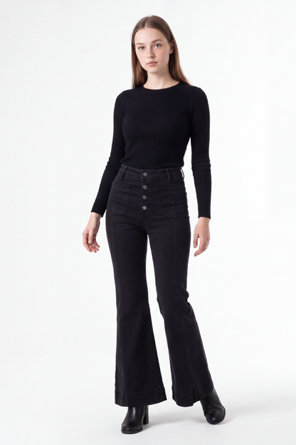 Women's Black High Waist Button Fly Stretch Flare Jeans