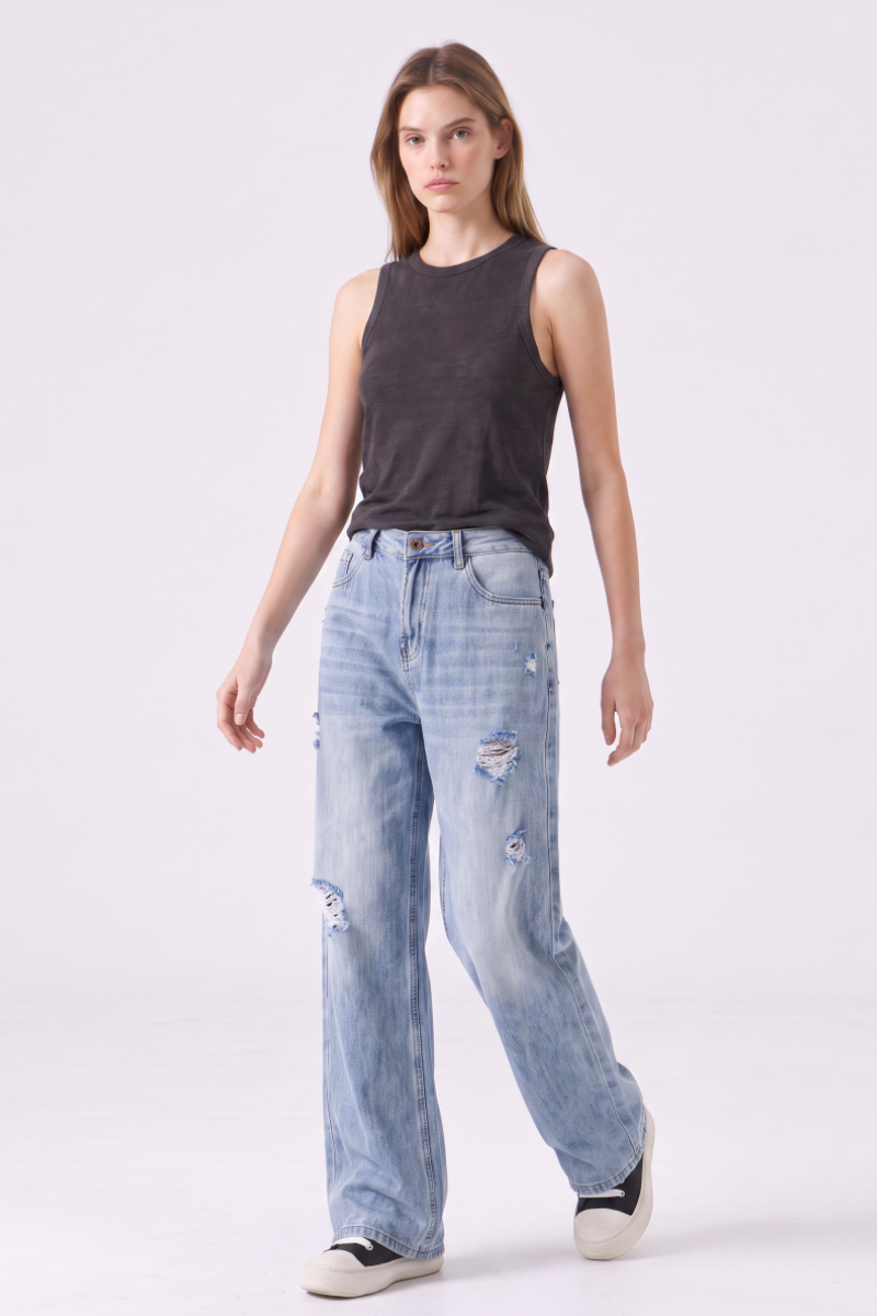 Women's High Waist Ripped Wide Leg Jeans
