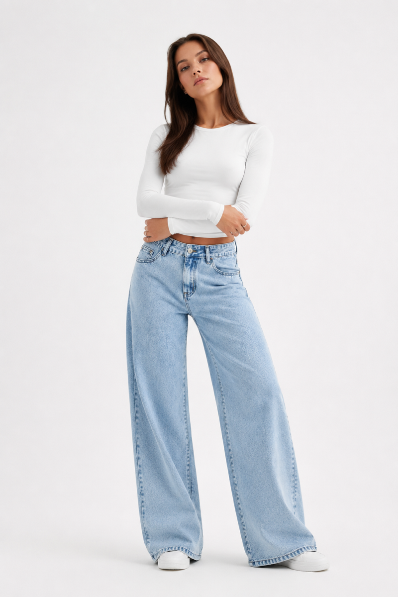 Women's High Waist Light Blue Straight Wide Leg Jeans
