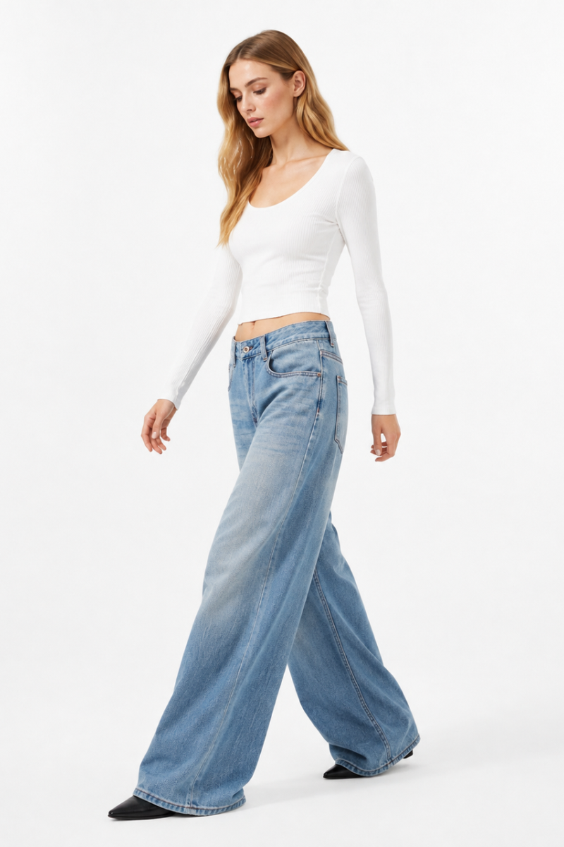 Women's 100% Cotton High Waist Wash Wide Leg Jeans