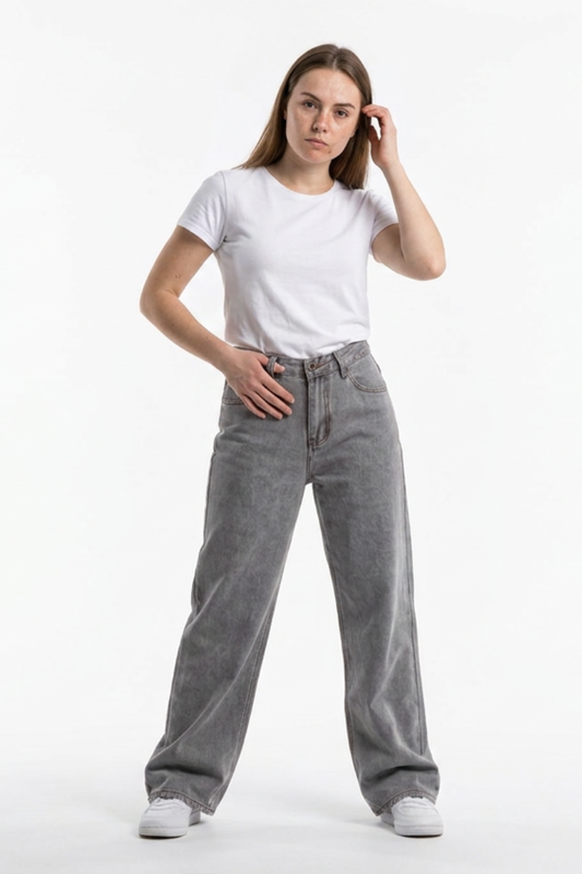 Women's Silver Gray Wash High Waist Wide Leg Jeans