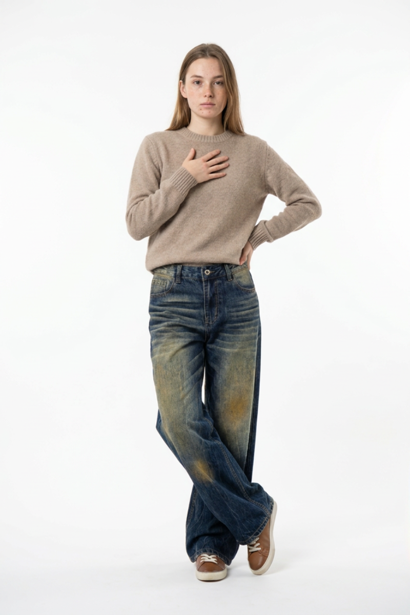 Women's Vintage Heavy Wash High Waist Straight Leg Jeans