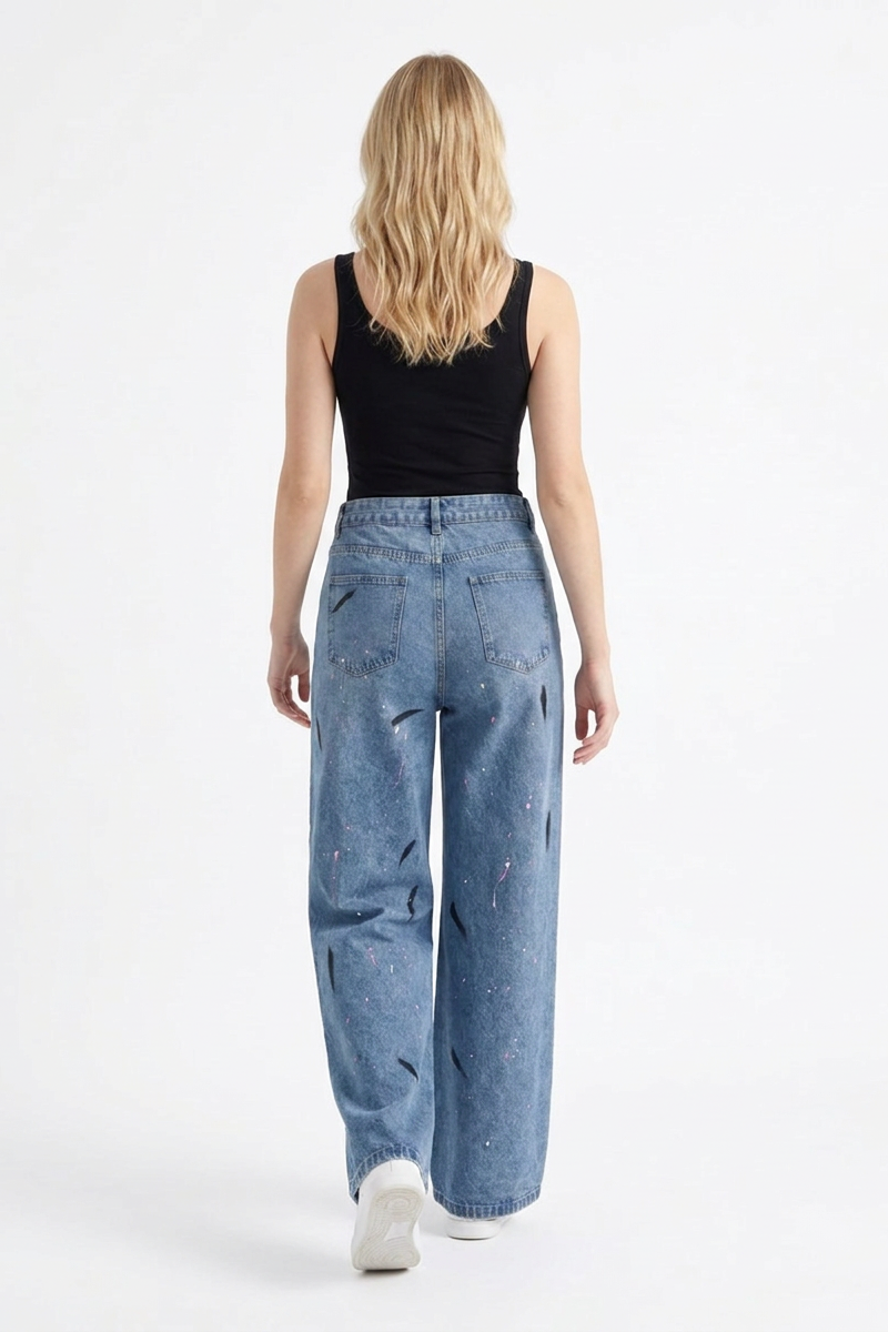 Women's High Waist Graffiti Ripped Wide Leg Jeans