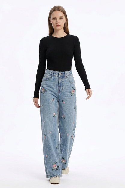 Women's Vintage Wash Embroidered High Waist Wide Leg Jeans