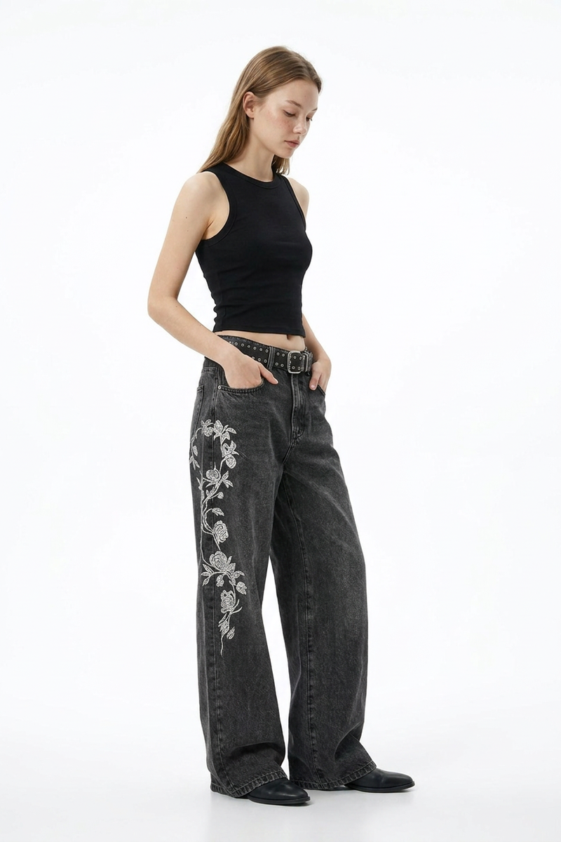 Women's Floral Embroidered High Waist Stretch Wide Leg Jeans