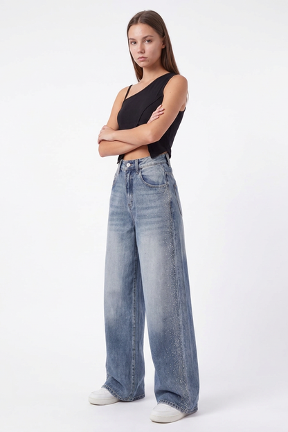 Women's Sparkly Diamante High Waist Stretch Wide Leg Jeans