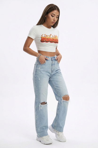 Women's High Waist Straight Leg Ripped Jeans
