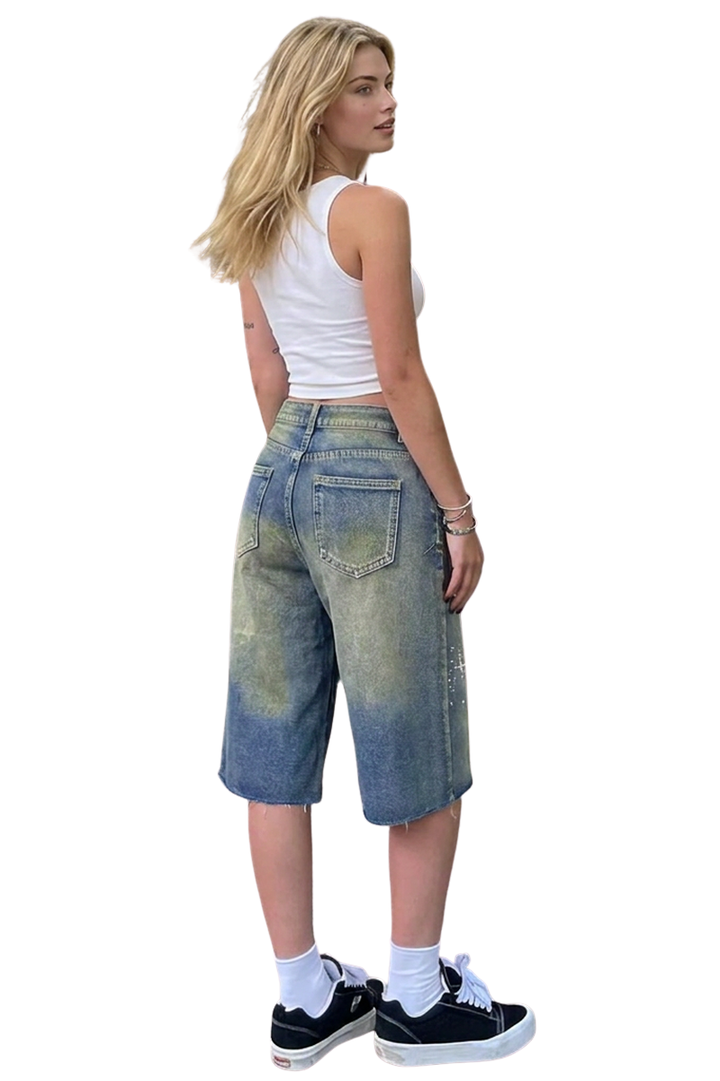 Women's Rhinestone High-Waisted Denim Bermuda Shorts