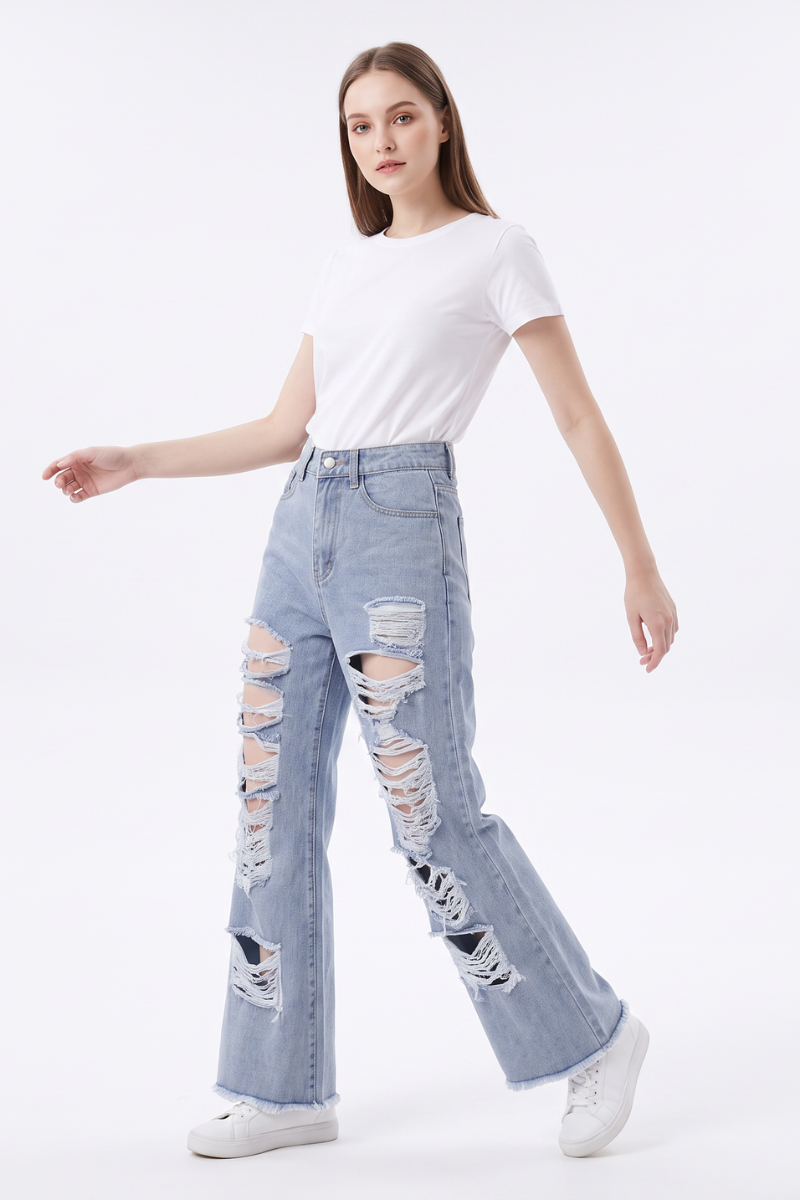 Women's High Waist Distressed Wide Leg Jeans
