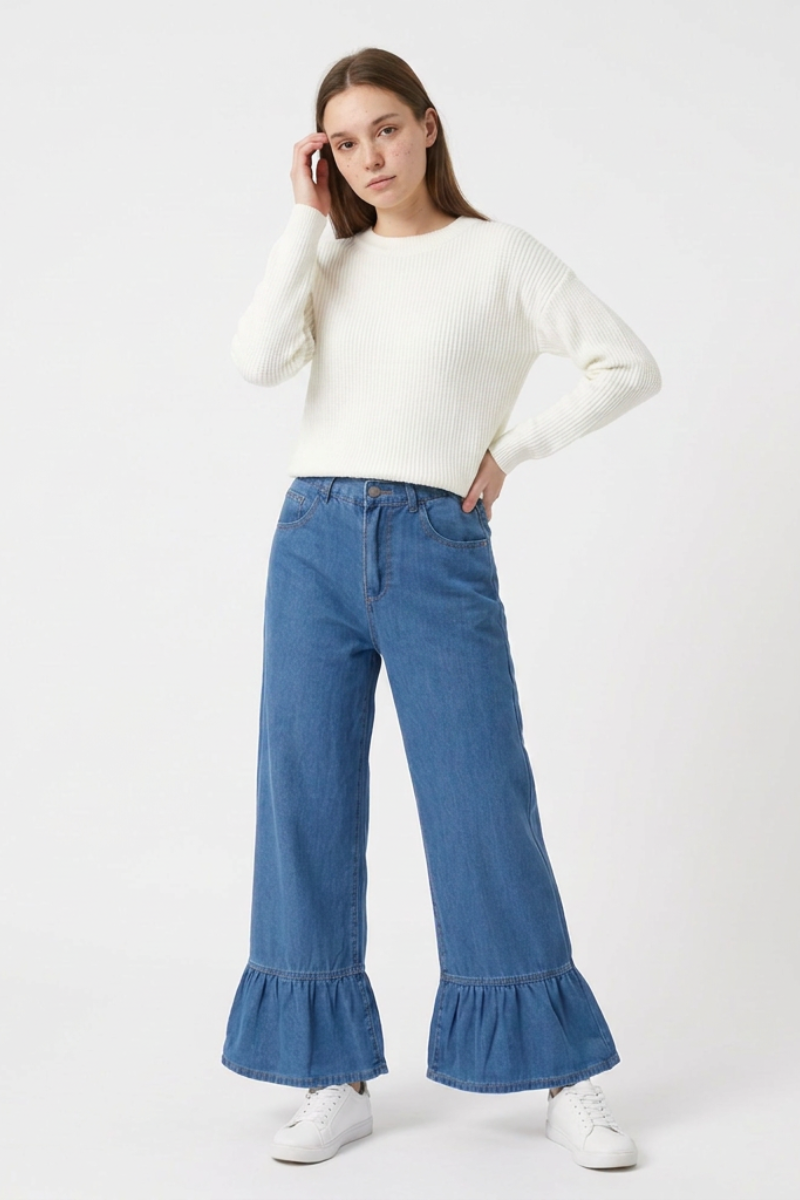 Women's High Waist Ruffle Hem Wide Leg Jeans