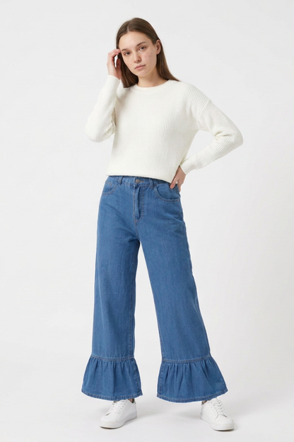 Women's High Waist Ruffle Hem Wide Leg Jeans