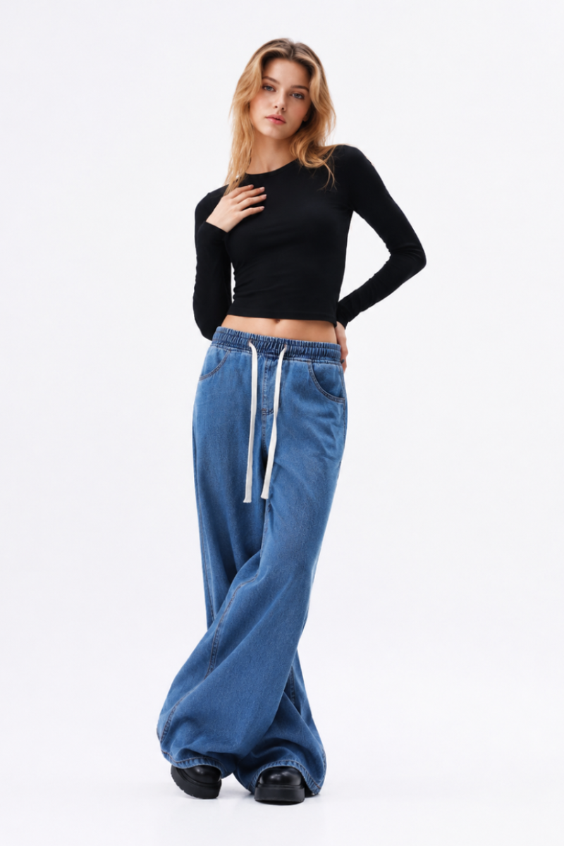 Women's Drawstring Waist Wide Leg Jeans
