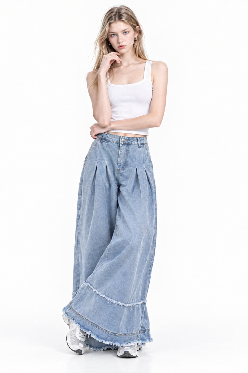 Women's High Waist Pleated Wide Leg Jeans