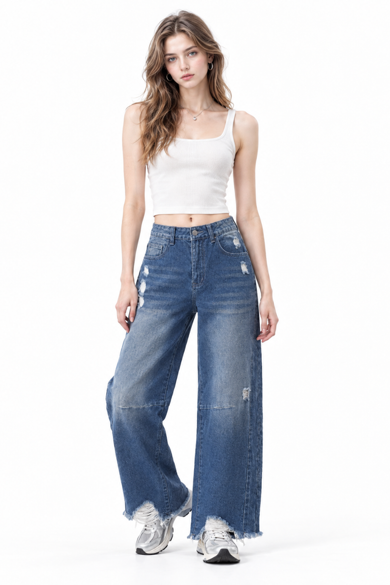 Women's High Waist Distressed Wide Leg Jeans