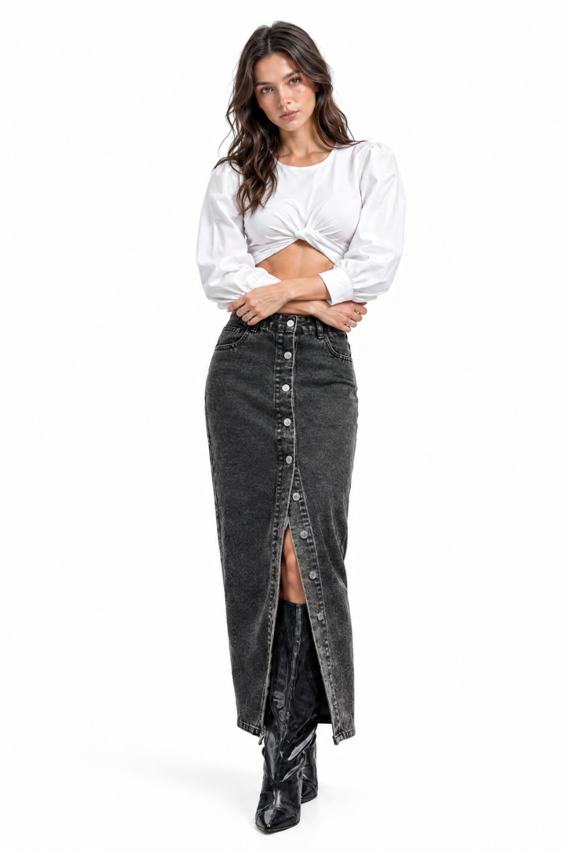 Women's High Waist Front Button Denim Midi Skirt