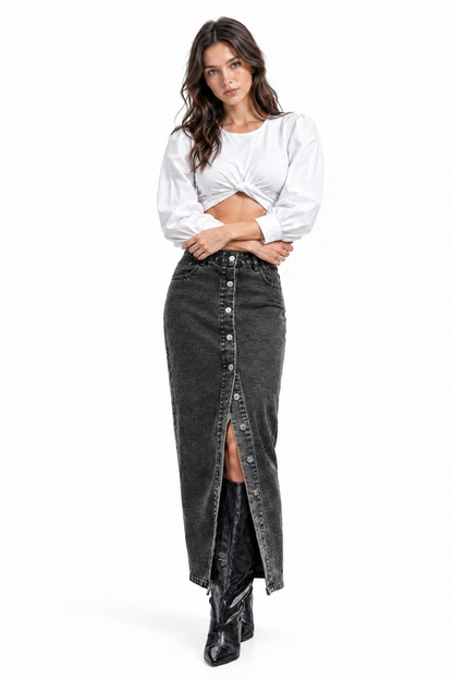Women's High Waist Front Button Denim Midi Skirt