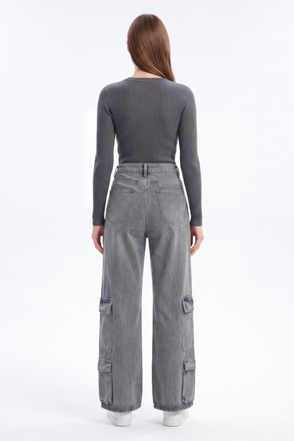 Women's Vintage High Waist Distressed Wide Leg Cargo Jeans