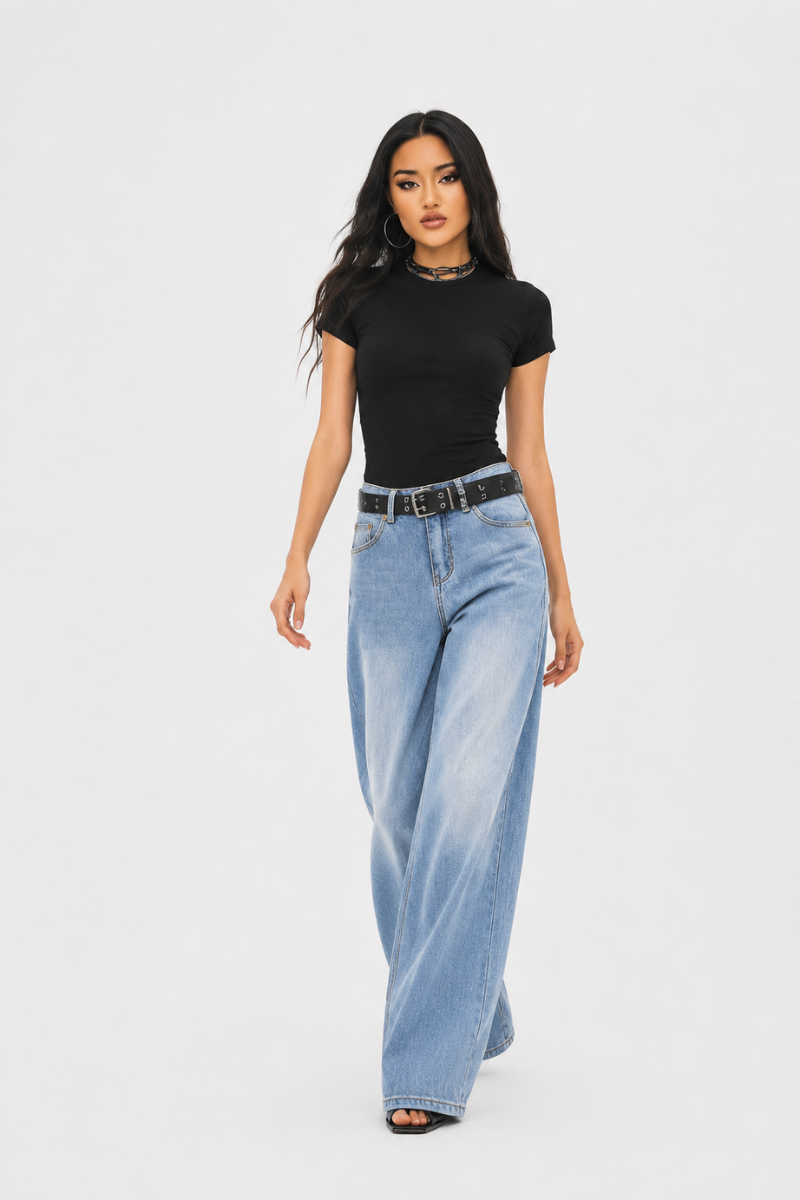 Women's high-waisted loose wide-leg jeans