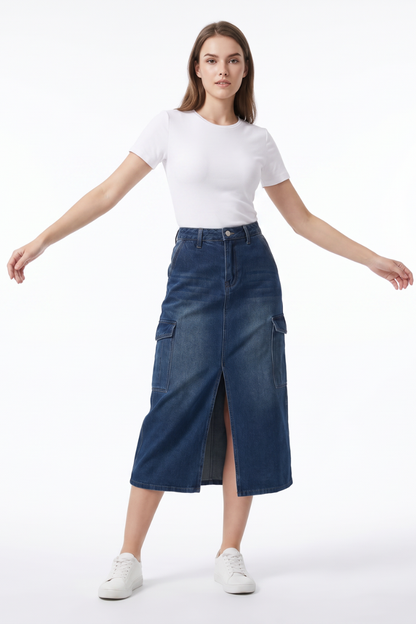 Women's High Waist Front Slit Denim Midi Skirt