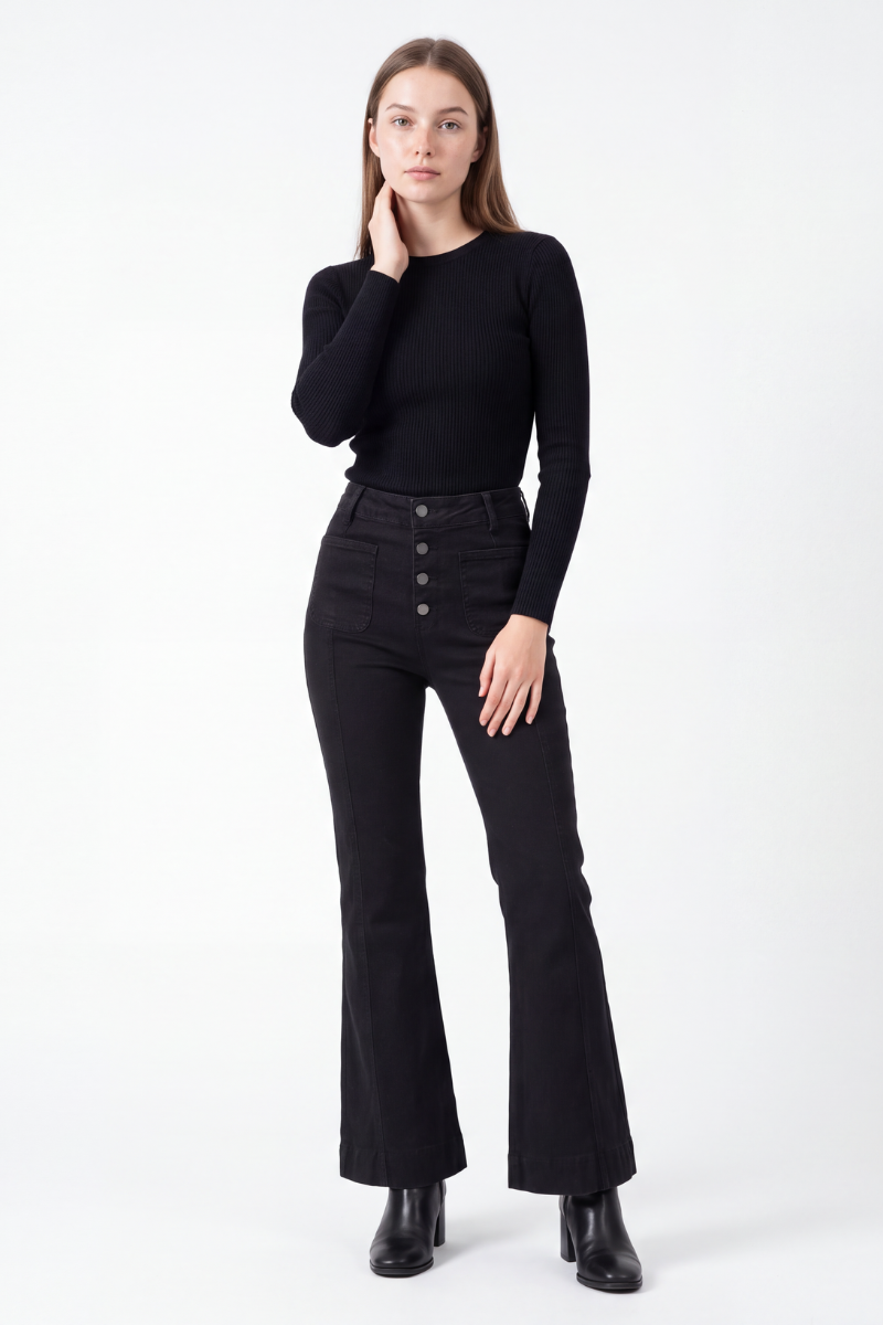 Women's Black High Waist Button Fly Stretch Flare Jeans