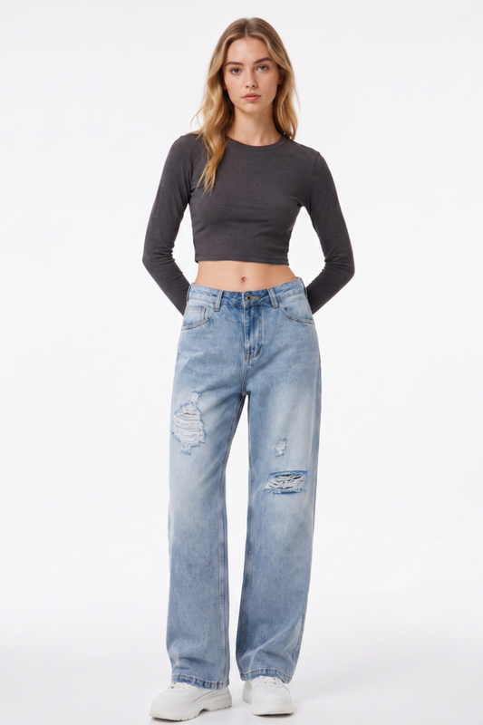 Women's High Waist Ripped Straight Leg Jeans