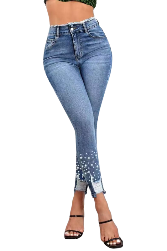 Women's High Waisted Pearl Embellished Skinny Jeans