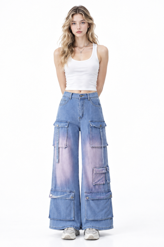 Women's Multi-Pocket High Waist Cargo Wide Leg Jeans