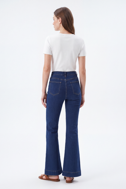 Women's High Waist Button Fly Stretch Flare Jeans