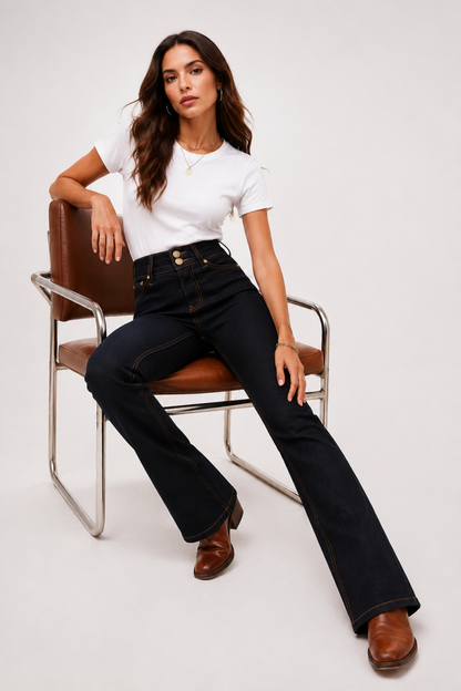 Women's High Waist Double Button Flare Jeans