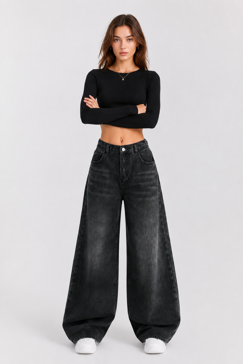 Women's high-rise wide-leg jeans with a half-elastic waist