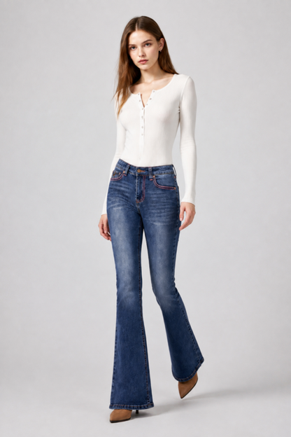 Women's High Waist Flare Jeans with Contrast Stitching
