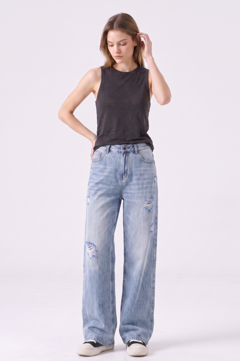 Women's High Waist Ripped Wide Leg Jeans